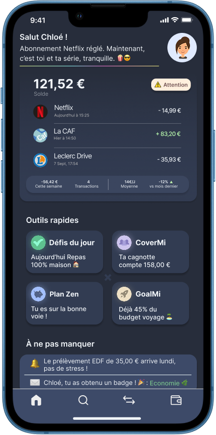 Capture d'écran de l'application SaveMi montrant le tableau de bord